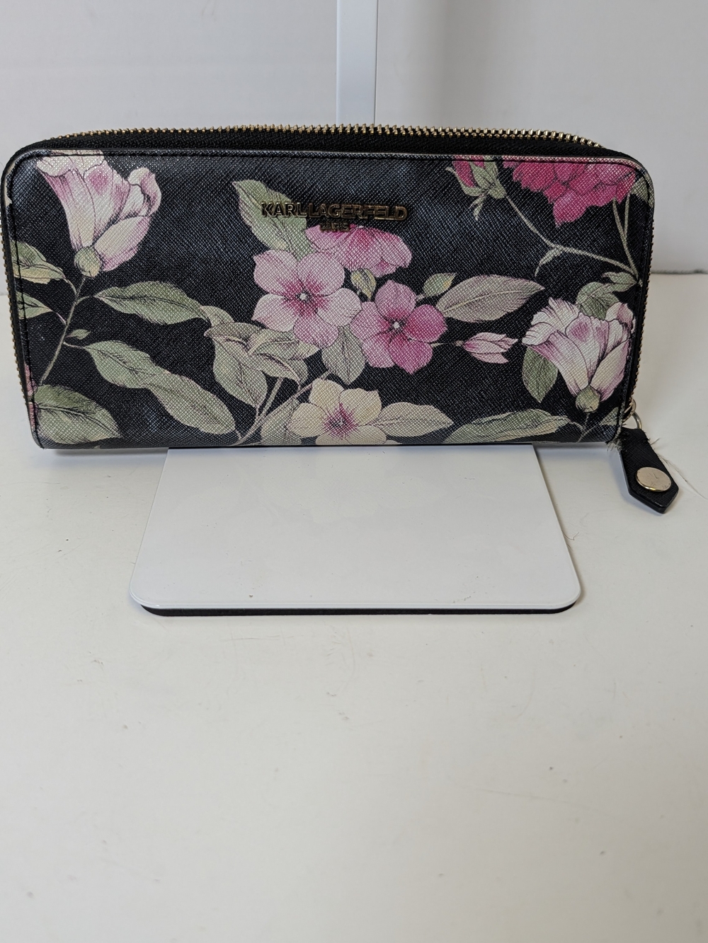 Karl Lagerfeld Black Wallet with Pink Floral Print and Gold Logo